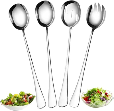 Set van 4 RVS Serveerlepels en Saladebestek voor Feesten, Thuisgebruik en Restaurants - 11 x 2,1 inch, Duurzaam en Elegante Tafelaccessoires