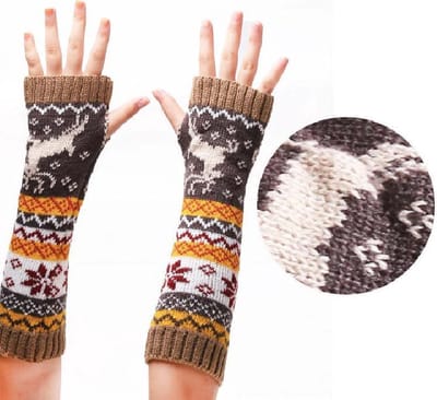 Jumada's Polswarmers met rendieren - Scandinavische winter armwarmers - Gebreide vingerloze lange handschoenen - Dames