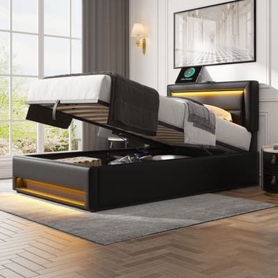 STILVORA Gestoffeerd bed 90x190 cm – Eenpersoonsbed met USB & LED Sfeerverlichting Met Draadloos Laden – Opbergruimte – PU – Zwart – Zonder matras