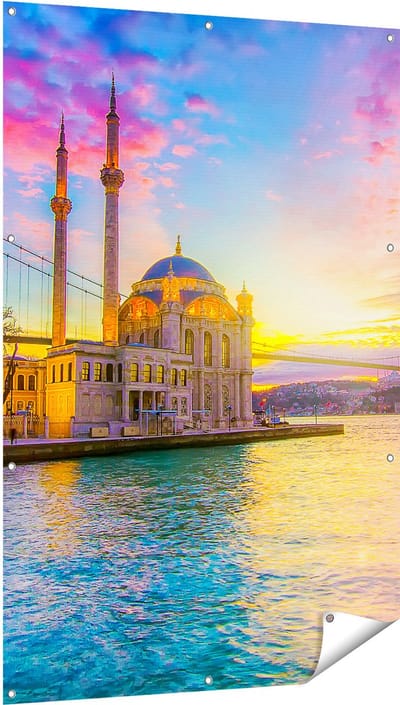 Gards Tuinposter Kleurrijke Ortakoy Moskee in Instanbul - 100x150 cm - Tuindoek - Tuindecoratie - Wanddecoratie buiten - Tuinschilderij