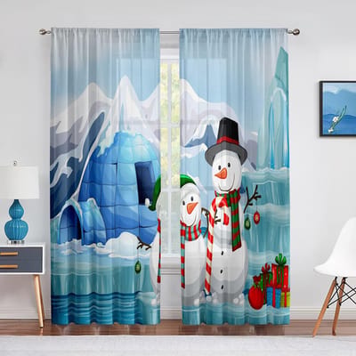 Kerst Voile Gordijn Winterseizoen Sneeuwpop en Hoed Sjaal Raam Tule Gordijnen voor Woonkamer Slaapkamer Keuken Decoraties 1 PCS W100XH250cm&Grommet Top