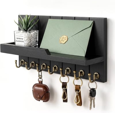 Sleutelrek met plank en 7 haken van hout voor wandmontage, vintage ontwerp voor sleutels, post en accessoires in hal, woonkamer en slaapkamer (zwart)