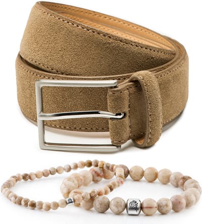 DTCH.FIT Kralen armband Sam Taupe one size & Suède riem Bobby Taupe- 3,5cm breed - 85cm - Totale lengte 100cm