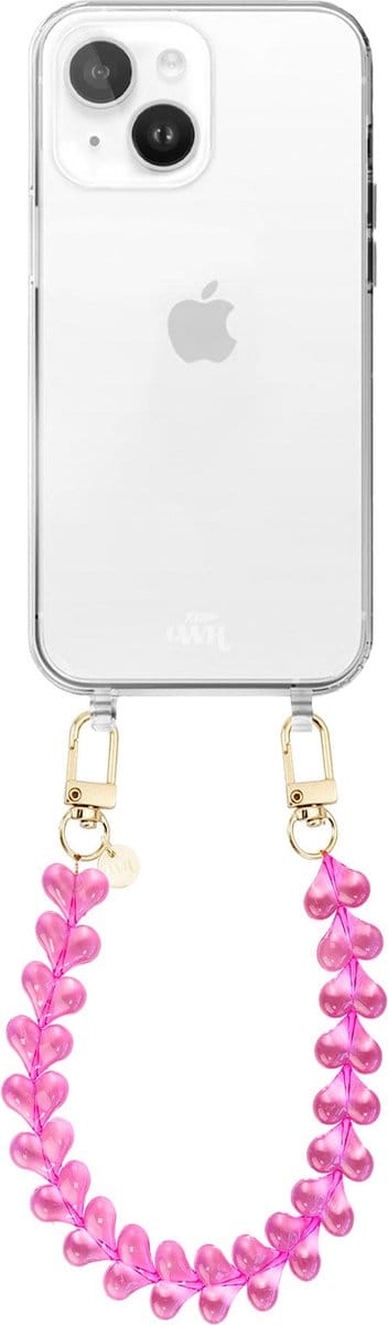 xoxo Wildhearts siliconen hoesje - Geschikt voor iPhone 15 Plus hoesje - Funky Hearts - Telefoonhoesje - Hoesje met koord - Transparant roze koord - kort telefoonkoord - Hartjes ketting - Transparant hoesje