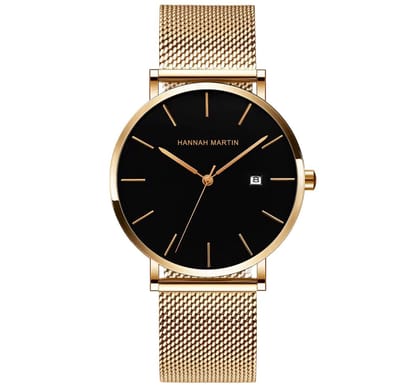 Hannah Martin Goudkleurig Heren Horloge | Zwart Plaat | Verstelbaar | Horloges | Goud Wijzers | Luxe Geschenkdoos |