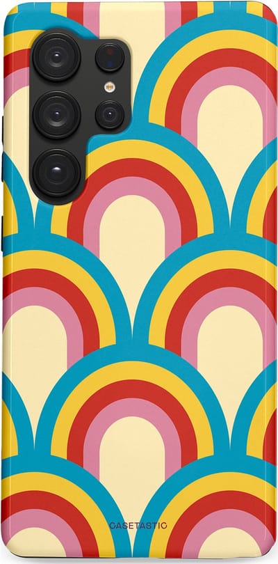 Casetastic hoesje geschikt voor Samsung Galaxy S25 Ultra - Dubbellaagse bescherming - Retro regenboog - Fashion Case - Lichtblauw Crème Goud Rood
