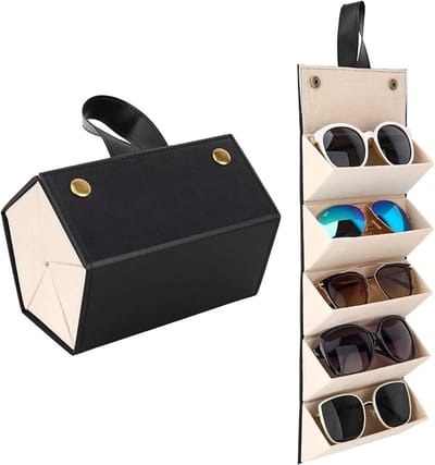 Zeshoekige brillendoos - Multifunctionele reiszonnebrillendoos - 17*17*13cm - PU-leer - Hangend - Opvouwbare brillendoos - Unisex - Zwart