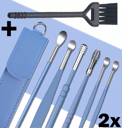 PLAY IT Oorsmeer verwijderaar 2x 7 Delig - Oorreiniger- Inclusief Borstel - Blauw - Spiraalvormig