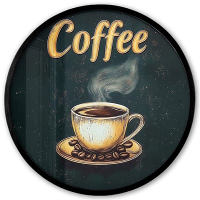 Poster in lijst Rond - Fotolijst 40x40 cm - Posters - Koffie - Schotel - Koffiebonen - Retro - Ronde posterlijst zwart - Decoratie - Wanddecoratie woonkamer - Muurdecoratie slaapkamer