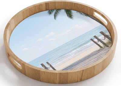 Dienblad rond 40x40 cm - Schootdienblad hout - Palmbomen - Pad - Horizon - Borrelplank rechthoek - Plateau houten dienbladen
