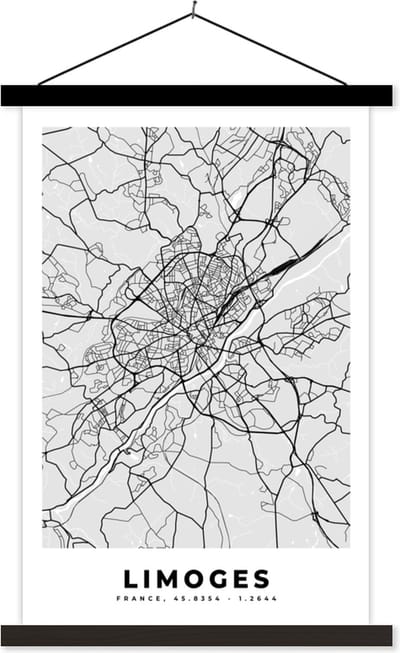 Posterhanger incl. Poster 40x60 cm - Schoolplaat - Frankrijk - Limoges - Stadskaart - Plattegrond - Kaart - Textielposter - Zwarte latten - Stadskaart