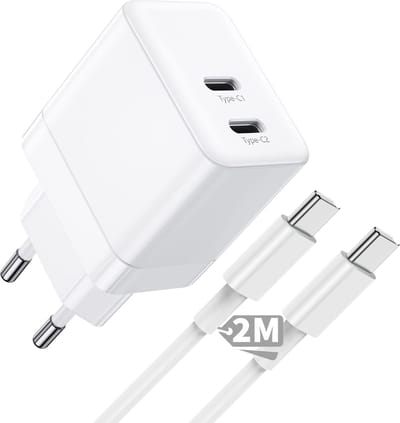Usb C Adapter 35w GaN - Usb C naar usb C Kabel 2 Meter - Usb C Oplader 2 Poorten - Snellader voor Telefoon Tablet Laptop - Super Fast Charger - Power Delivery - Dynamische Allocatie