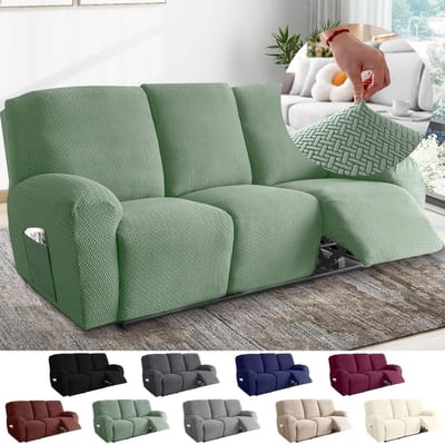 Stretch Stoelhoes voor 3-zitsbank, Inclusieve Gestreepte Jacquard Bescherming, Verstelbare Hoes voor Relaxfauteuil en Televisie Stoel (Lichtgroen, 8 Stuks)