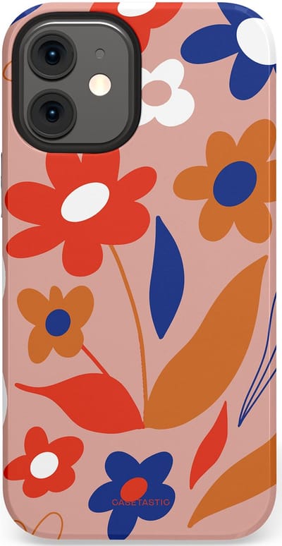 Casetastic hoesje geschikt voor Apple iPhone 12 Mini - Dubbellaagse bescherming - Vormen in bloei - Fashion Case - Perzik Rood Donkerblauw