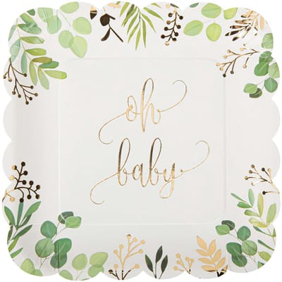 ARTYFETES - 8 kartonnen borden "oh baby" eucalyptus verguld 23 cm vierkant geschulpt