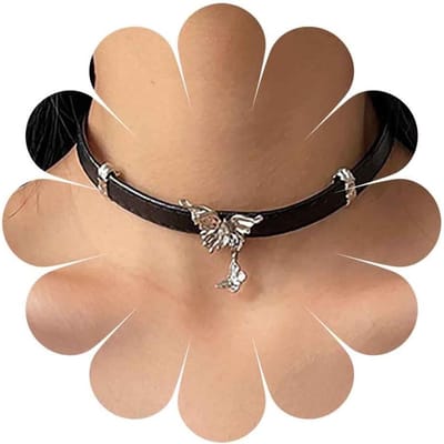 Punk Vlinder Leren Ketting voor Dames - Zwart Leren Hondenhalsband Choker met Zilveren Vlinder, Modieuze Sieraad voor Elke Gelegenheid