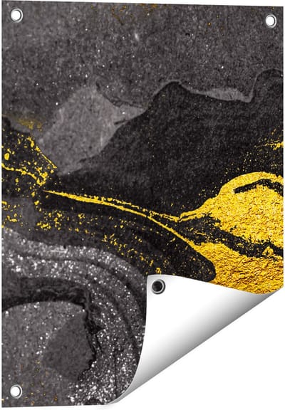 Gards Tuinposter Abstracte Kunst - Zwart Gouden Marmer - 40x50 cm - Tuindoek - Tuindecoratie - Wanddecoratie buiten - Tuinschilderij