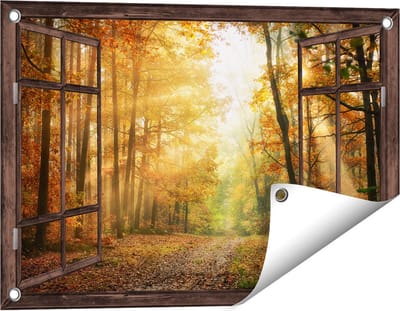 Gards Tuinposter Doorkijk Herfstbos met Zonneschijn - 60x40 cm - Tuindoek - Tuindecoratie - Wanddecoratie buiten - Tuinschilderij