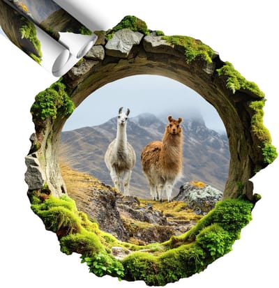 Wallfluent 3D Muursticker - Berg-oase 3D Wandsticker Gat In De Muur - 58x60 cm - Groente 3D Sticker Gat In Stenen Muur - 3D Sticker Optische Illusie Gat - Zelfklevende Muursticker 3D Gat - Zelfklevende 3D Wandsticker Illusie
