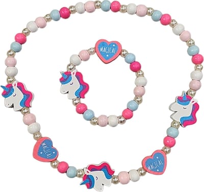 Fako Bijoux® - Kinderketting en Armband - Hout - Eenhoorn & Hartjes Magical