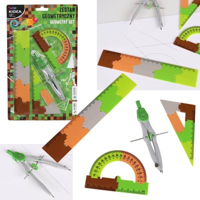GEOMETRISCHE SET schoolspullen voor jongen, liniaal, geodriehoek, hoekmeter, passer met vulling KIDEA