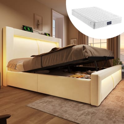 DESMIU Gestoffeerd Tweepersoonsbed 140x200cm Met Opbergruimte – Hydraulisch Hefmechanisme – Ledverlichting En Oplaadpunt – Met Matras – Voor Slaapkamer – Fluweel – Beige