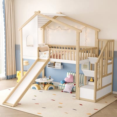 Sweiko Hoogslaper - 90x200cm - Opbergladder - Met glijbaan - Huisontwerp - Natuurlijk + wit
