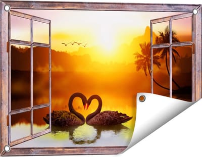 Gards Tuinposter Doorkijk Twee Zwarte Zwanen in een Hart Vorm - 60x40 cm - Tuindoek - Tuindecoratie - Wanddecoratie buiten - Tuinschilderij