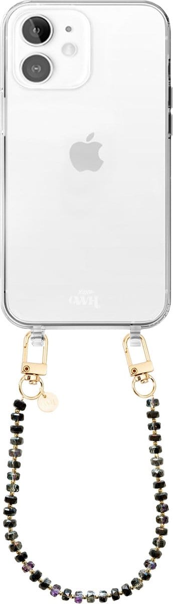 xoxo Wildhearts siliconen hoesje geschikt voor iPhone 12 hoesje - Crystal (Zwart) - Telefoonhoesje - Hoesje met koord - Kristal ketting - Kristallen met gouden details - kort telefoonkoord - Transparant hoesje