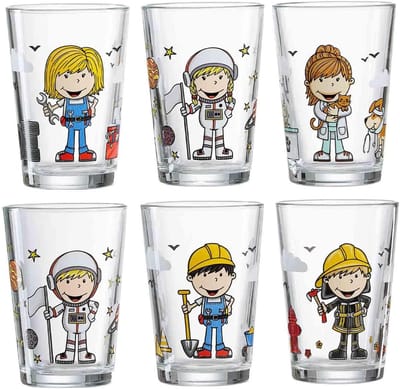 SnelShoppen - Set van 6 Kinderglazen 205 ml Vaatwasmachinebestendig, Kleurrijke Kinderbekers met Astronaut, Bouwvakker, Brandweerman en Dierenarts Mot