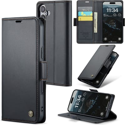 CaseMe Wallet Case met RFID Bescherming en Magneetsluiting voor iPhone 16 _ Zwart