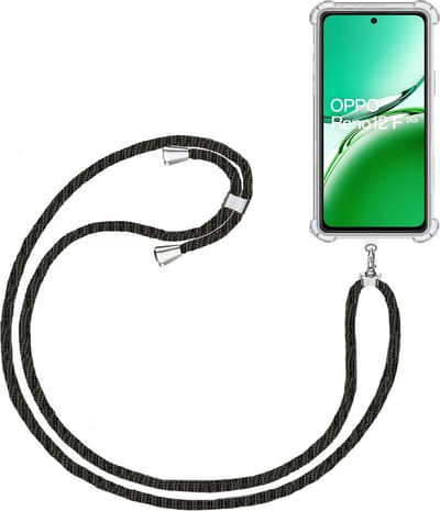 Telefoonkoord + Hoesje Geschikt voor OPPO Reno 12 F / Reno 12 FS - Lengte Verstelbaar - Telefoonketting - Shock Proof Case - Zwart