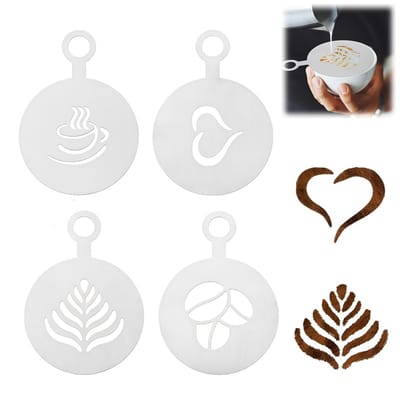 4-delige set - Latte art tools - Cappuccino latte art tools - Koffie decoratie mallen - Latte art spuitsjablonen - Roestvrijstalen koekjes latte art mallen - Met ophanggat - Compact en handig -12*8,5 cm - Zilver -Voor het decoreren van koffie, gebak