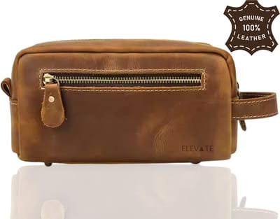 Elevate® Luxe Leren Toilettas – Handgemaakt Crazy Horse Leer – Compact & Duurzaam – Heren & Dames – Vintage Bruin
