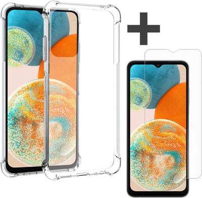 Samsung Galaxy A23 Hoesje transparant anti shock backcover + Samsung Galaxy A23 Screenprotector gehard glas tempered glass