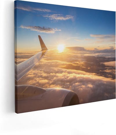 Artaza Canvas Schilderij Zonsondergang - 50x40 cm - Wanddecoratie Vliegtuigvleugel - Muurdecoratie Wolken - Kamer Accessoires