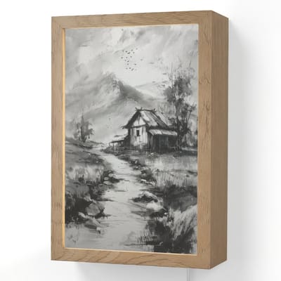Wandlamp 20x30 cm - Oplaadbaar - Hut - Grijs - Bergen - Mistig - Wandlampen binnen woonkamer - Slaapkamer lamp met kabel - Decoratieve nachtlamp - Vloerlamp snoer
