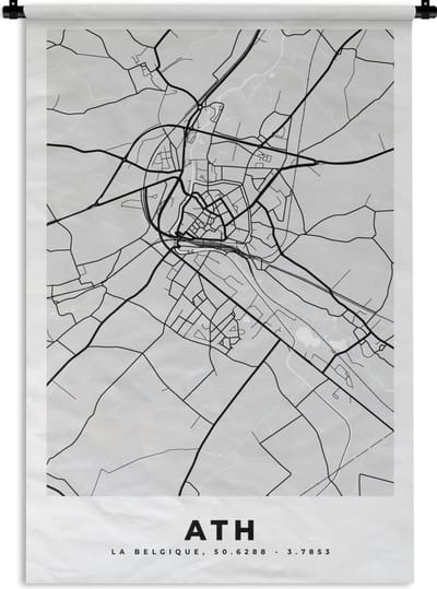 Wandkleed - Wanddoek - België – Ath – Stadskaart – Kaart – Zwart Wit – Plattegrond - 120x180 cm - Wandtapijt