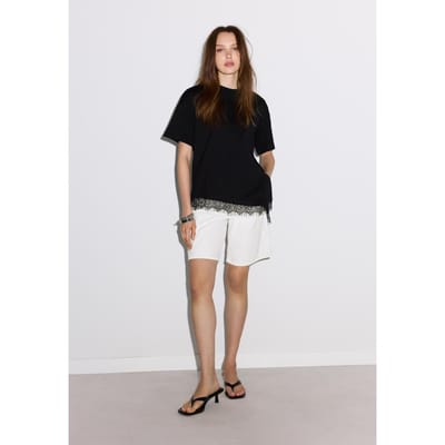 Stradivarius Oversized T-shirt met korte mouw en kanten zoom  Zwart XS