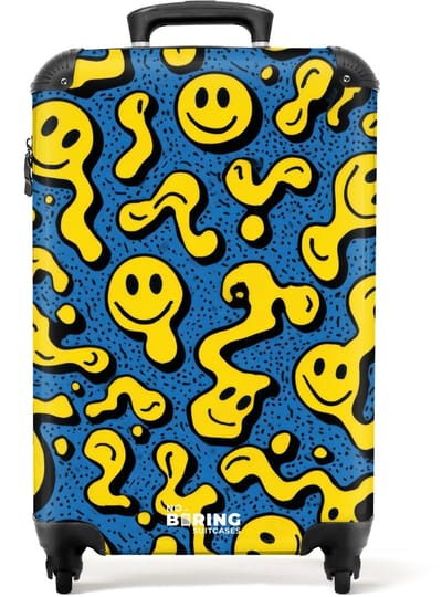 NoBoringSuitcases.com - Koffer - Vloeiende smiley's op een blauwe achtergrond - Past binnen 55x40x20 cm en 55x35x25 cm - Trolley handbagage - Valiezen met wieltjes volwassenen - Reiskoffer op wielen - Rolkoffer lichtgewicht