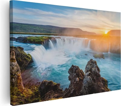 Artaza Canvas Schilderij Landschap IJsland - 30x20 cm - Klein - Wanddecoratie Waterval - Muurdecoratie Zon - Schilderijen Op Canvas Natuur