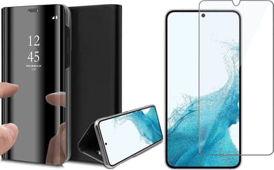 Hoesje geschikt voor Samsung Galaxy S22 - Book Case Spiegel Wallet Cover Hoes Zwart - Tempered Glass Screenprotector