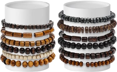 12 stuks parelarmbanden voor heren, meerlaags hout, natuurlijk hout, elastisch, met houten kralen, armband, set heren, retro armband, cadeau