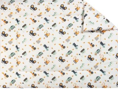 BINK Bedding Boxkleed Bram 80 x 100 cm - vulling fiberfill 400 grams - auto's - vrachtwagen - kiepwagen - tractor - werkvoertuigen - mintgroen - ecru - oranje - geel - grijs - tweezijdig - katoen - jongens - speelkleed - parklegger