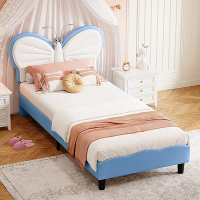 Kinderbed 90 x 190 cm prinsessenbed met ledverlichting, verstelbaar hoofdeinde, gewatteerd gestoffeerd eenpersoonsbedframe met lattenbodem voor kinderen en meisjes, fluweelblauw (90x190cm blauwe vlindervorm)