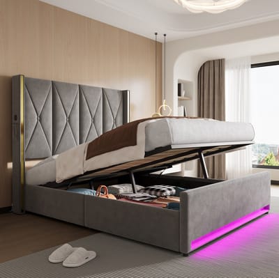 HAUSS SPOLE Fluwelen Bed 160x200 cm - Tweepersoonsbed Met USB En Led - Met Opbergruimte Zonder Matras - Donkergrijs