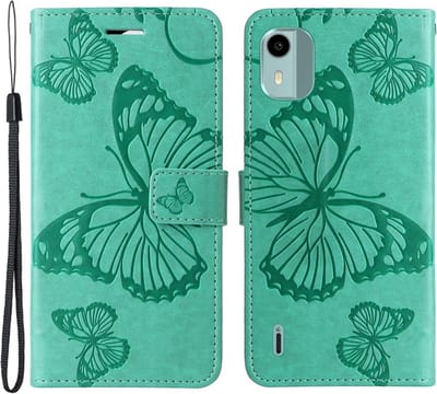 Coverup Hoesje - Geschikt voor Nokia C12 Hoesje - Coverup Vlinders Book Case - Mintgroen