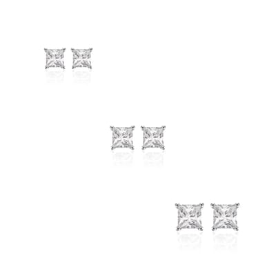 New Bling 9SIL-SET0046 Zilveren Oorknopjes Setje - Oorknoppen - Earparty - Zirkonia - Vierkant - 3+4+5mm - Rhodium - Zilver