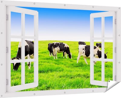 Gards Tuinposter Doorkijk Kudde Koeien in de Wei - Hemel Blauwe Lucht - 180x120 cm - Tuindoek - Tuindecoratie - Wanddecoratie buiten - Tuinschilderij