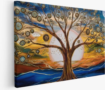 Saammp Muurcirkel Hout - Blauwe golf - Abstract kunstwerk - Ø 90 - Wandcirkel - Wanddecoratie Cirkel - Muurdecoratie Woonkamer - Slaapkamer decoratie - Rond Schilderij